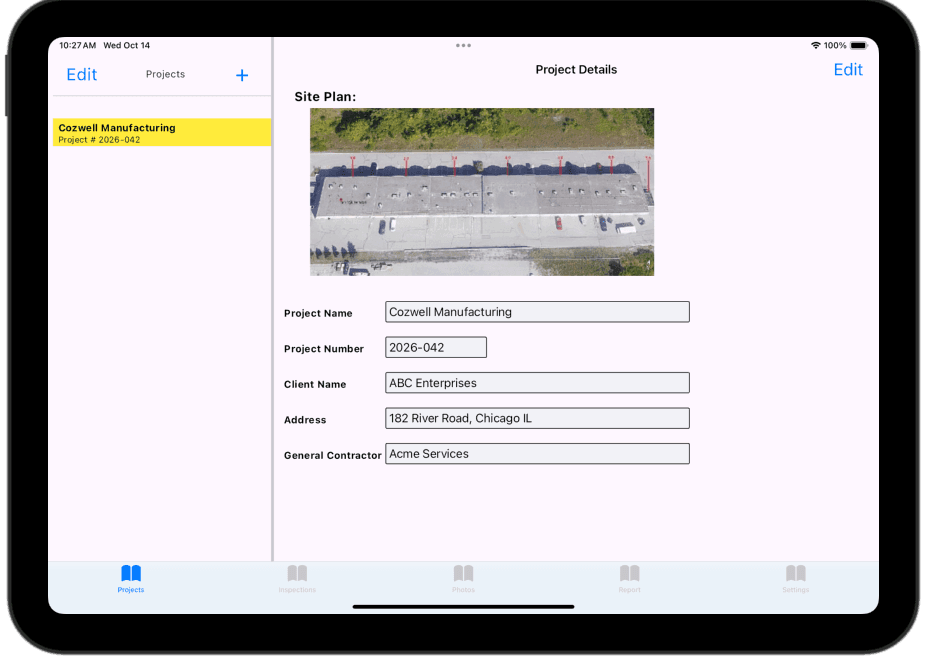 iPad screenshot of the EBS Inspector app's project setup screen, showing a new project being created with a roof plan uploaded