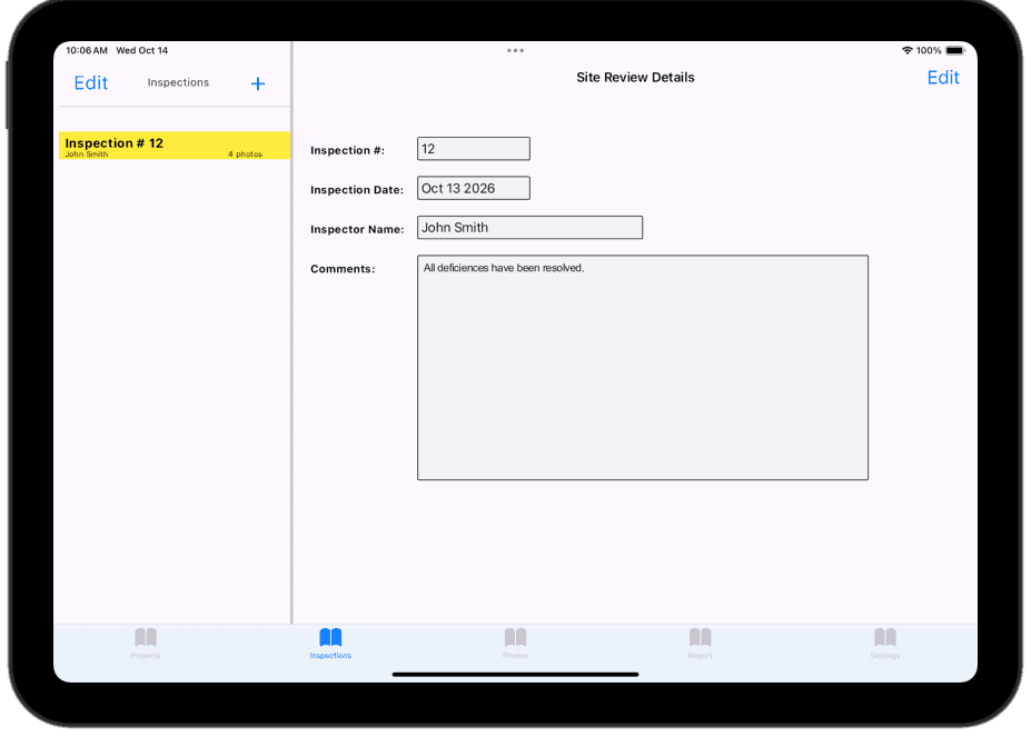 iPad screenshot of the EBS Inspector app's inspection details entry form, showing project, client, and inspection information fields