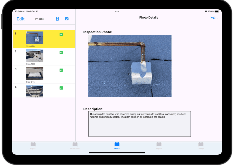 iPad screenshot of the EBS Inspector app's camera and photo capture screen with a comment being added to a photo