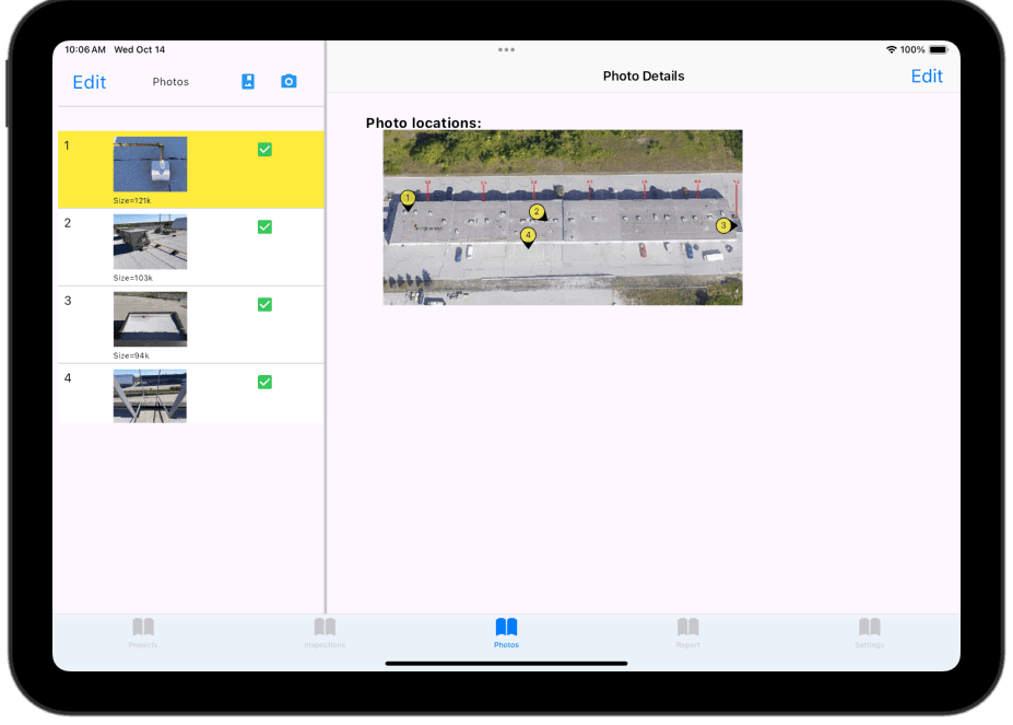 iPad screenshot of the EBS Inspector app's roof plan markup screen, showing a tapped location marking where a photo was taken
