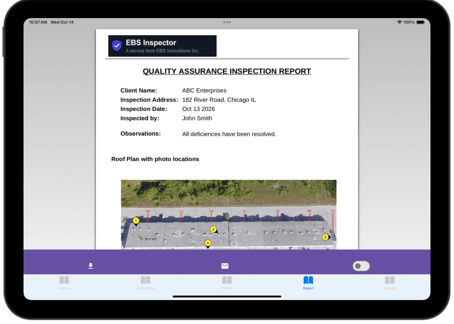 iPad screenshot of the EBS Inspector app's finished inspection report, ready to review and email from the site